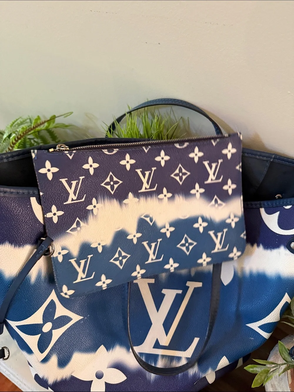Blue White Tote Bag with Logo Pattern